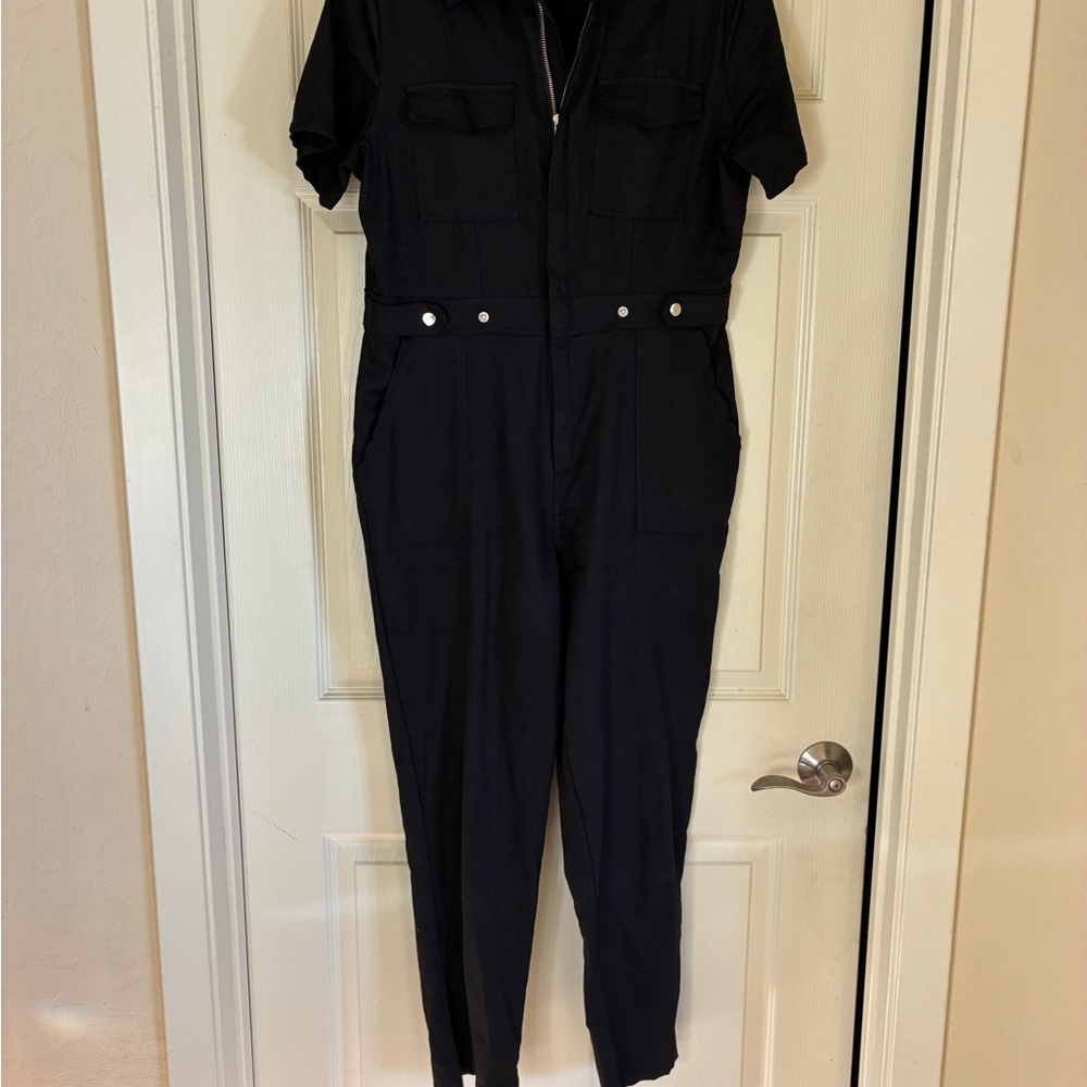 Tailored Black Short-Sleeve Utility Jumpsuit